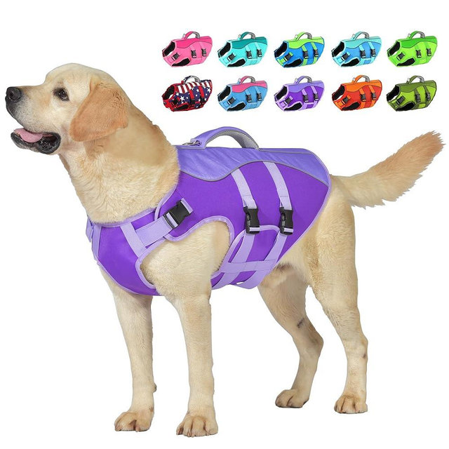Dog Life Jacket, High Buoyancy Dog Life Vest with Handle for Swimming Boating, Adjustable Swimming Vest with Reflective Trim for Small Medium Large Dogs - Purple, S