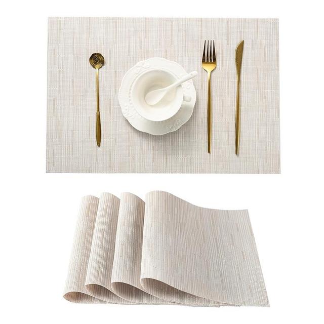 Leetaltree Pale Beige Placemats Set of 4 - Heat Resistant Non-Slip Place mats for Dining Table, Washable Durable PVC Vinyl Woven Table Mats（Pale Beige, 4）