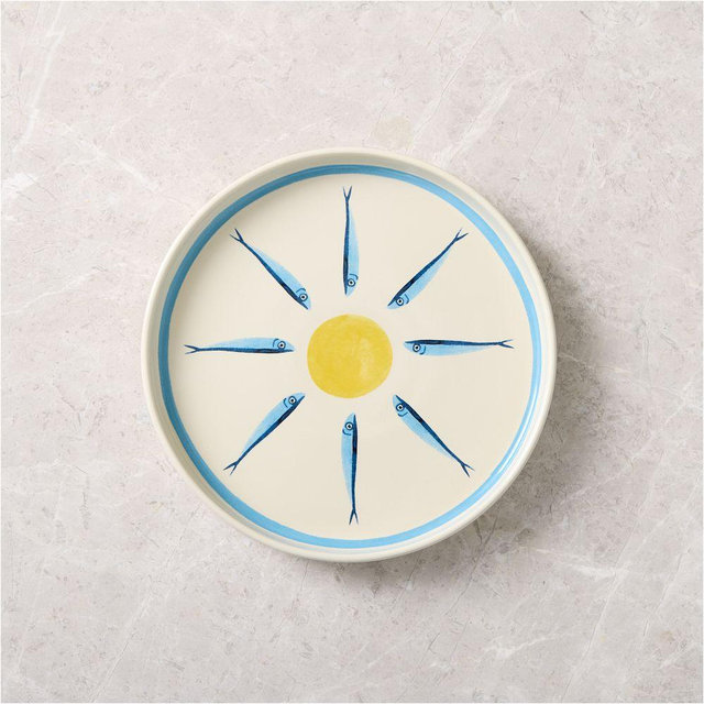 Sardine Ceramic Salad Plate, Blue/ Yellow, Set of 4