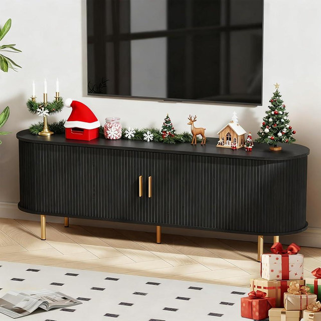 DHH TV Stand with Power Outlet for TVs up to 70 Inch, Entertainment Center with Storage and Adjustable Shelves, Mid Century Modern Media Console with Sliding Doors for Living Room (Black, 63 Inch)