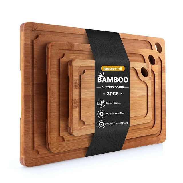 Lacusmall Bamboo Cutting Board, 3 Pcs Cutting Boards for Kitchen with Built-in Handles and Deep Juice Grooves, Wooden Cutting Boards for Separating Meat, Vegetables, fruit, Ideal Kitchen Gift