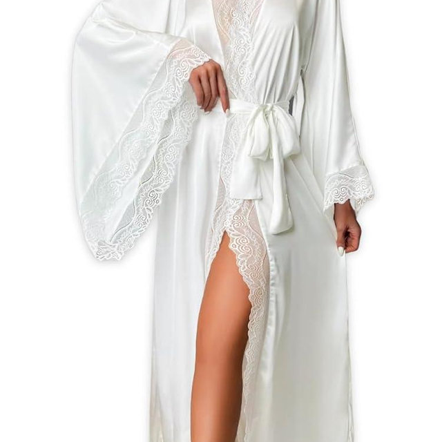ChiaoLezhee Silk Long Robe For Women, Satin Lace-Trim, Bride Wedding-Night, Bridal Bridesmaid Kimono Robes Lightweight