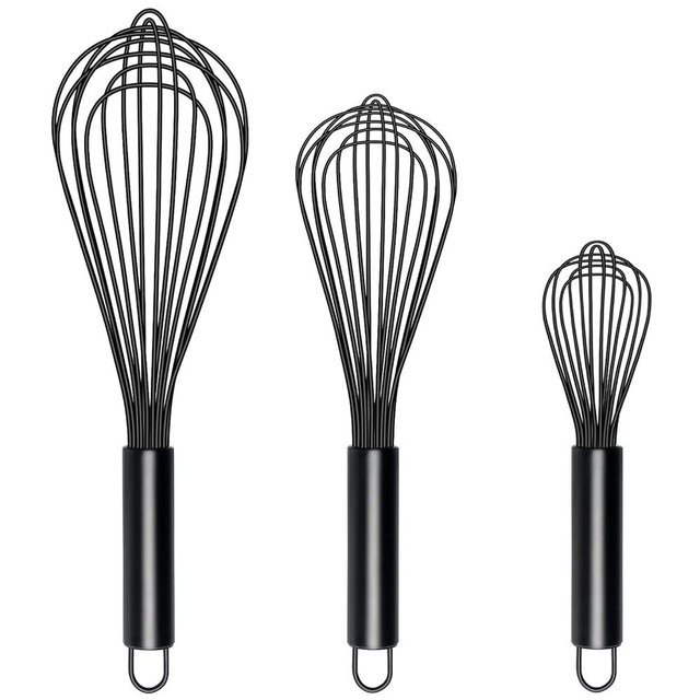 TEEVEA Silicone Whisk,Non Stick Kitchen Whisks for Cooking,Stainless Steel Metal Wire Silicone Rubber Coated Wisk,Heat Resistant & Non Scratch,Perfect for Eggs,Bread Wisking Tool Set of 3,Black