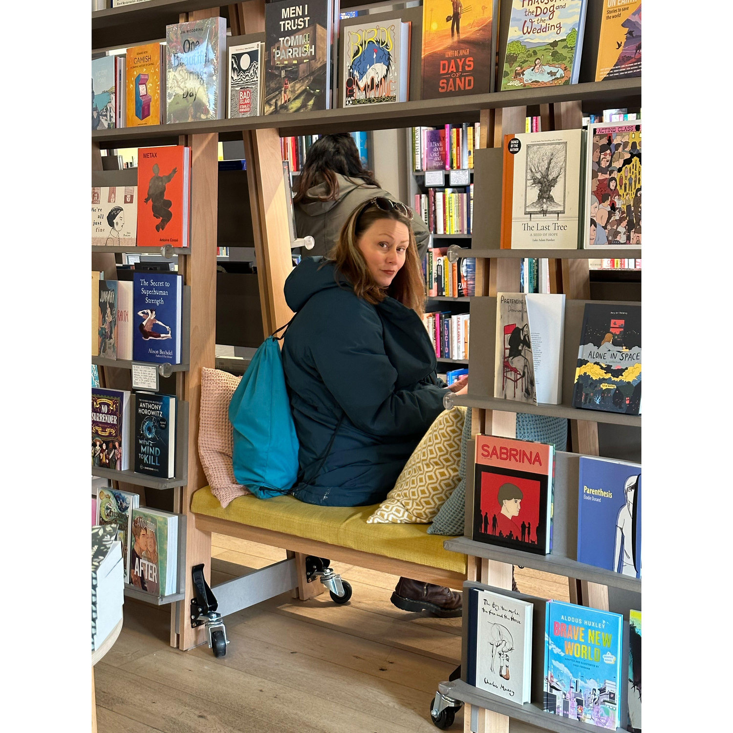 Annie in the bookshop in Portobello.