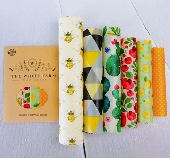 XXL Set OF 6 Sheets 100% Natural Beeswax Food Wraps, mixed sizes and colours
