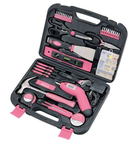 Apollo Tools DT0773N1 135 Piece Complete Household Tool Kit with 4.8 Volt Cordless Screwdriver and Most Useful Hand Tools and DIY accessories Pink Ribbon