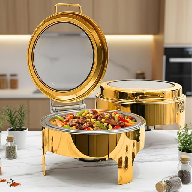 Gold Chafing Dishes for Buffet,6.5L Round Stainless Steel Chafing Dish Buffet Set with Transparent Hydraulic Lid, Buffet Warmer for Parties and Events