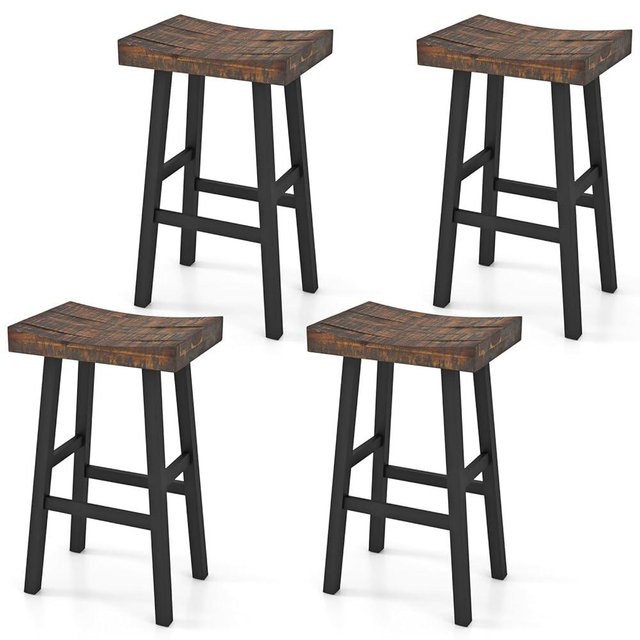 GOFLAME 29” Bar Stools Set of 4, Industrial Bar Height Barstools with Saddle Seat, Solid Wood Frame & Footrests, Wooden Bar Chairs for Kitchen, Dining Room, Rustic Brown