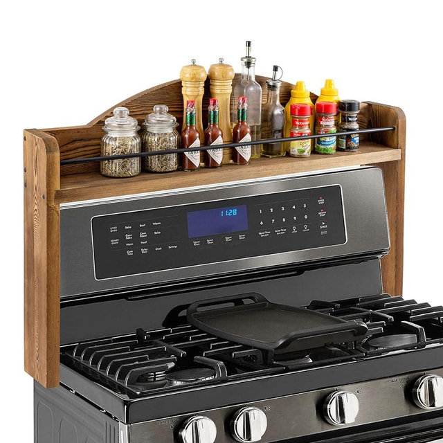 MyGift 33 Inch Deluxe Rustic Burnt Solid Wood and Black Metal Wire Bar Stove Top Spice Rack, Space Saving Over The Oven Range Stovetop Storage Display Shelf
