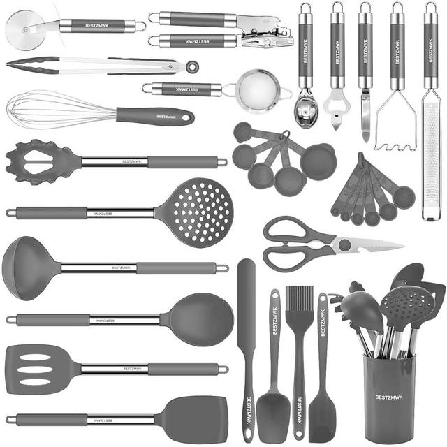 Kitchen Utensils Set-Silicone Cooking Utensils-32pcs Non-Stick Silicone Cooking Kitchen Utensils Spatula Set with Holder-Best Kitchen Cookware with Stainless Steel Handle (Grey)