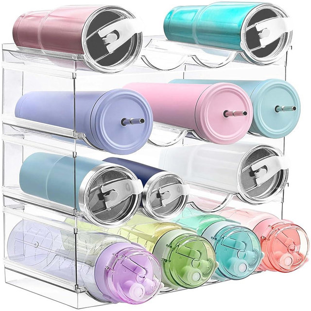 UPGRADE 4 Pack Water Bottle Organizer, Stackable Kitchen Home Pantry Organization and Storage Rack, Plastic Water Bottle Holder for Kitchen Cabinet Fridge Organizer and Storage, Tumbler Mug Cup Shelf