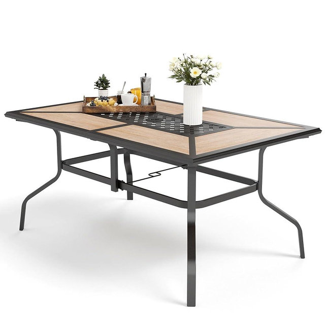 MFSTUDIO Outdoor Patio Dining Table for 6, Rectangular Patio Furniture Table with Metal Frame and Immitation Top, Adjustable Umbrella Hole