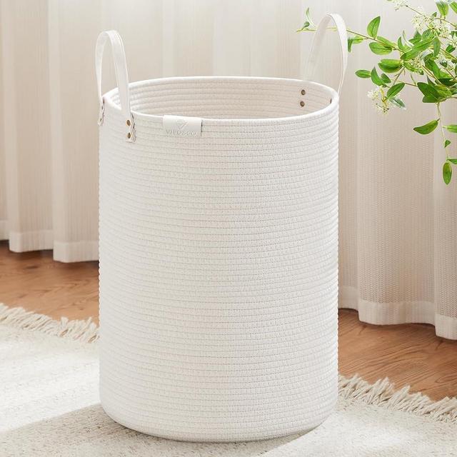 VIPOSCO Tall Laundry Basket, Large Dirty Clothes Hamper with Leather Handle, Woven Rope Storage Basket for Blanket, Toy In Living Room, Bathroom, Bedroom - 100L White