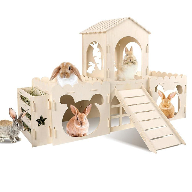 Large Rabbit Castle, Wooden Bunny House & Hay Feeder, Detachable Rabbit Hideaway, Indoor Rabbit Castle with Ramp, Small Animal Houses & Habitats