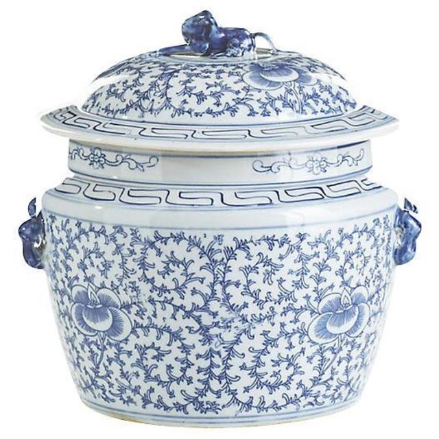 21" Lidded Rice Jar, Blue/White