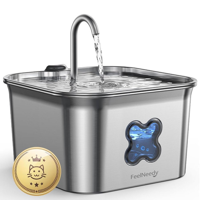 FEELNEEDY Cat Water Fountain, 304 Stainless Steel - 95oz/2.8L Faucet-Style Pet Drinking Fountain for Cats & Small Dogs, Ultra-Quiet <20dB, Dishwasher Safe, 4-Stage Filtration & Water Level Window