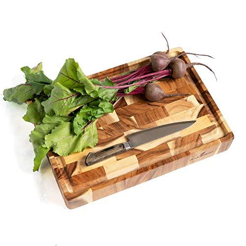 Villa Acacia End Grain Cutting Board with Juice Groove, Thick Wooden Butcher Block for Kitchens