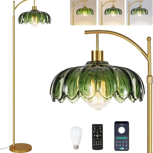 ILLMTW Floor Lamp for Living Room,Bedroom,Mid Century Modern Standing Lamp with Remote,Dimmable Gold Tall Lamp Glass Green Vintage Retro Arc Flower Floor Light Boho Bohemian