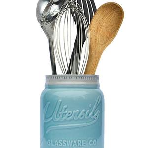 Wide Mouth Mason Jar Utensil Holder by Comfify - Decorative Kitchenware Organizer Crock, Chip Resistant Ceramic - Perfect Cookware Gift - Aqua Blue, Large Size