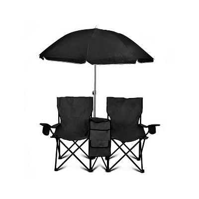 GoTeam Double Folding Camping Chair Set with Shade Umbrella, Cooler, and Carrying Bag for Camping, Beach Lounging, Tailgating, and More, Black