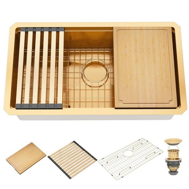MONSINTA Gold Kitchen Sink, 30 inch Undermount Kitchen Sinks With Workstation Ledge, 10 Inch Deepth, 30" x 18" x 10" Stainless Steel Single Bowl Kitchens Sink with Gold Accessories