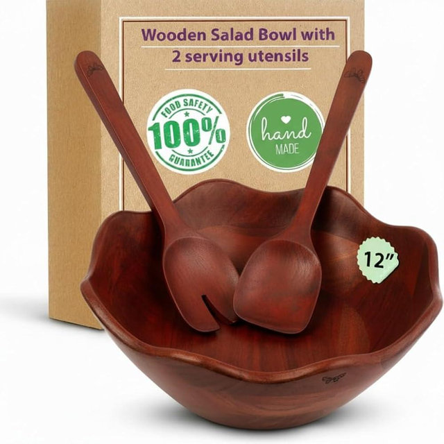 Melvvi Large Wooden Salad Bowl Set – 12" Wood Serving Bowl with 2 Utensils | Mango wood Scratch-Resistant - For Salad, Pasta & Fruits | Great Gift for Kitchen & Dining (Walnut Brown)