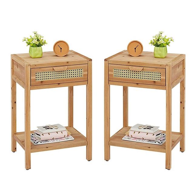 Set of Two Rattan Nightstand with Drawers - Mid Century Natural Wood Modern Side Table with Woven Pattern Drawer and Shelf Storage, Rustic Farmhouse Style End Table for Living Room Entryway Bedroom