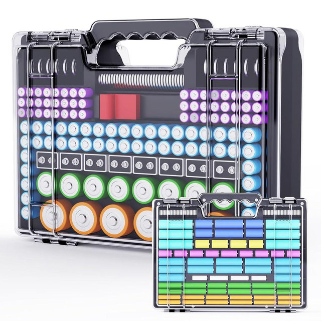 Molutsody Battery Organizer Storage Holder Box Case with Tester, Stores & Protects Up to 260 Batteries, Double-Clear Locking Lid, Holds AA AAA C D and More (Not Includes Battery Pack) - Black
