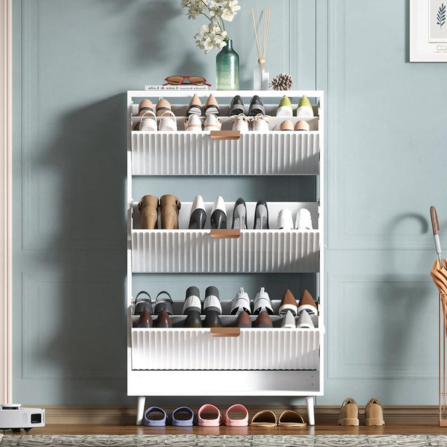 QIVOMIX Shoe Cabinet Storage,Modern Freestanding Organizer with 3 Flip Drawers,Narrow Shoe Rack Cabinet for Entryway,White