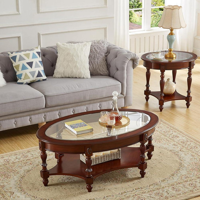DS-HOMEPORT Vintage Wood Coffee Tables Set for Living Room, Oval Coffee Table ＆ Oval End Table with Glass Top, Elegant Coffee Tables Set for Small Spaces, Entryway