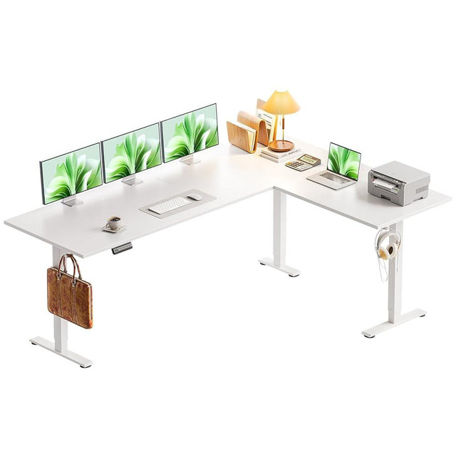 Casaottima 71 Inch Reversible Electric L Shaped Standing Desk, Height Adjustable Corner Stand up Desk, Ergonomic Large Lift Table for Home, Office, Workstation, White