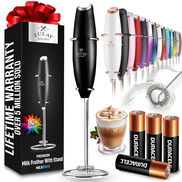 Zulay Kitchen Powerful Milk Frother Wand With 4 AA Duracell Batteries - Ultra Fast Handheld Drink Mixer - Electric Whisk Foam Maker for Coffee, Lattes, Cappuccino, Matcha, Hot Chocolate & Creamer