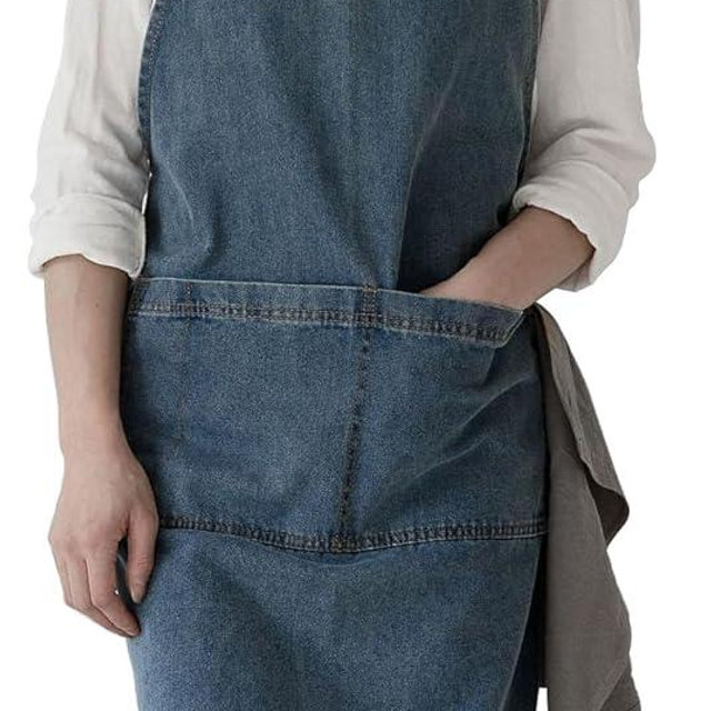 BCHWAY FAMILY Adjustable Bib Apron with Large Pockets, Cotton Denim Gardening Apron Cross Back Work Jean Apron for Women Men(Style A, Deep Blue)