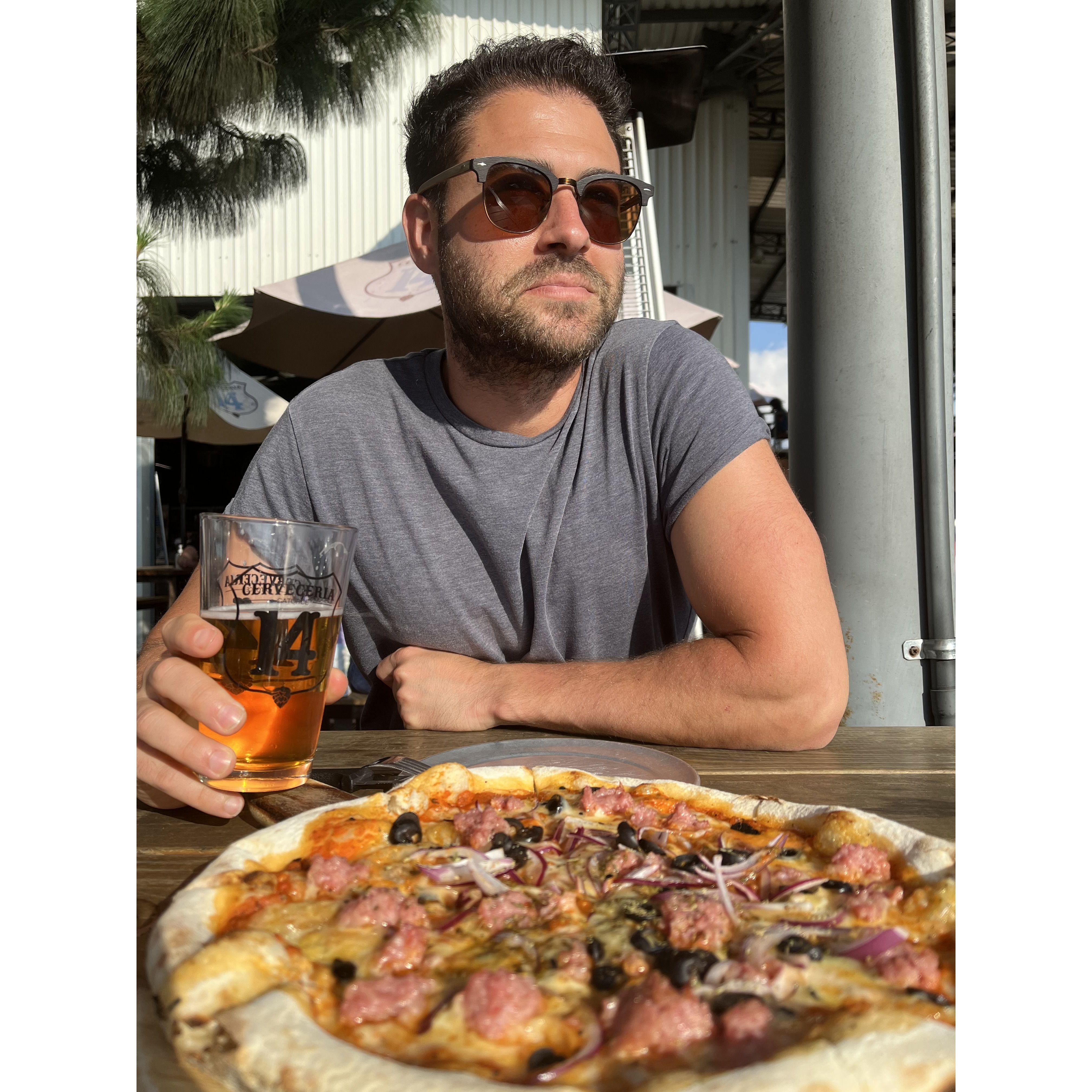 Pizza and beer at one of our favorite Antigua breweries
