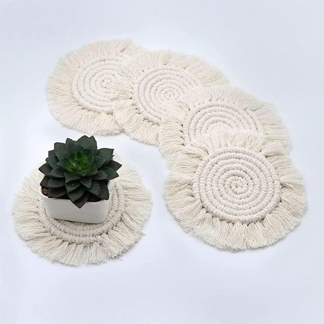 Coasters for Drinks Absorbent, Boho Coasters for Wooden Table, Farmhouse Drink Coasters for Kinds of Mugs and Cups, 4PCS Round, Beige