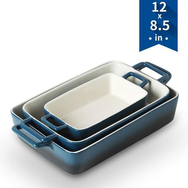 KOOV Bakeware Set, Ceramic Baking Dish, Rectangular Baking Pans for Cooking, Cake Dinner, Kitchen, Wrapping Upgrade, 12 x 8.5 Inches, 3-Piece (Gradient Blue)