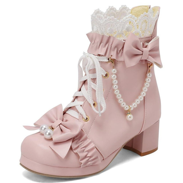 LUXMAX Women Cute Lolita Boots Chunky Mid Heel Ankle Boots with Bow Platform Lace Up Booties with Pearl