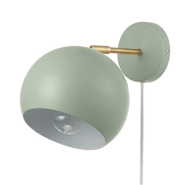 Globe Electric x Novogratz 65866 Willow 1-Light Plug-in or Hardwire Wall Sconce, Sage Green, Matte Brass Accent, Bulb Not Included