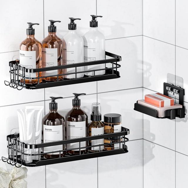 Getsrichfc Corner Shower Caddy 3 Pack, Large Size Shower Shelves with Soap Holder Adhesiveand 4 N-Shaped Hook, Rustproof Stainless Steel Bathroom Accessories Organizer, No Drilling Wall Mounted Rack