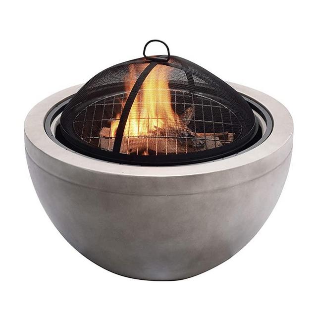 Peaktop HR30180AA Concrete Round Charcoal and Wood Burning Fire Pit Bonfire for Outdoor Patio Garden Backyard Decking with Spark Screen, Grate, and BBQ Grill, 30", Gray
