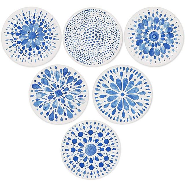 AD Set of 6 Coasters for Drinks Absorbing Round Ceramic Stone Coaster with Cork Base,Tabletop Protection Mat for Mugs and Cups,Office,Kitchen (Indigo Blue 2)