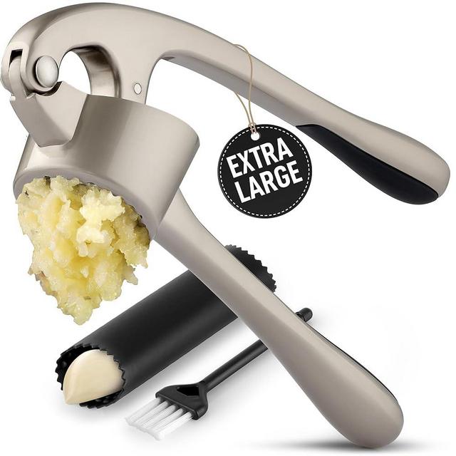 Zulay Kitchen Extra Large Premium Garlic Press Set - Bigger Bowl for Bigger Garlic - Rust Proof & Dishwasher Safe Garlic Mincer Tool - Easy-Squeeze, Easy-Clean Silicone Garlic Peeler & Brush (Silver)