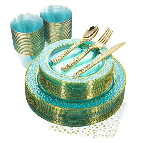 NERVURE 175PCS Mint with Gold Rim Disposable Plastic Plates Set: 25 Dinner Plates,25 Dessert Plates, 25 Forks,25 Knives, 25 Spoons, 25 Cups,25 Napkins.