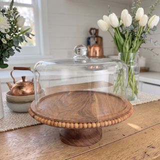 Acacia Wood Footed Cake Plate with Glass Dome