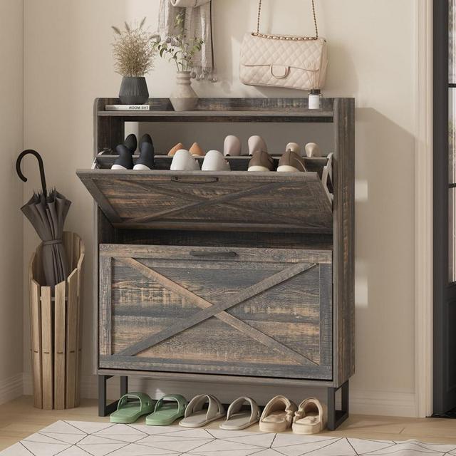 Maupvit Shoe Storage Cabinet with 2 Flip Drawers, Freestanding Organizer with Metal Legs for Entryway, Narrow Shoe Rack Cabinet, Dark Rustic Oak