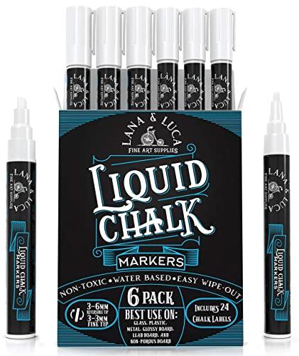 Liquid Chalk Marker Pen - White Dry Erase Marker - Chalk Markers for Chalkboard Signs, Windows, Blackboard, Glass with 24 Chalkboard Labels Included (6 Pack) 3-6mm Reversible Tip, 3-3mm Fine Tip