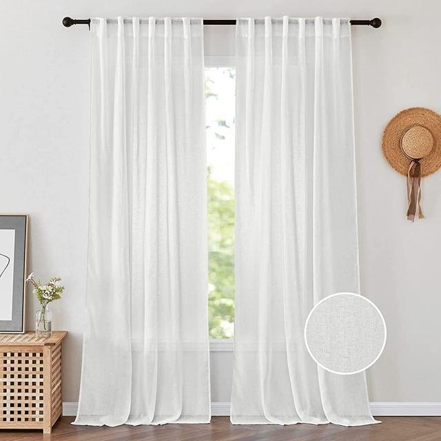PONY DANCE Sheer Linen Curtain - Home Decorative Privacy Window Treatment Linen Curtains Elegant Rod Pocket Semi Sheer Voile Curtains Drapes for Patio Living Room, 52 Wide x 96 Long, Ivory, 2 PCs