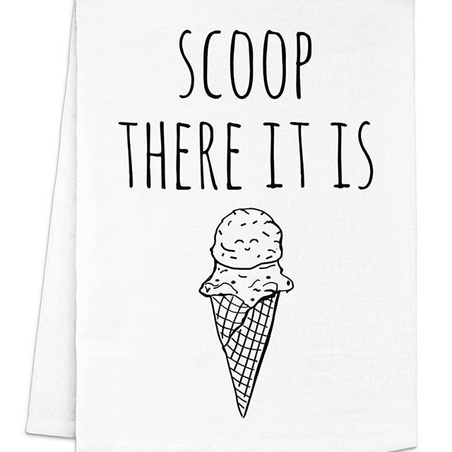 Funny Dish Towel, Scoop There It Is, Flour Sack Kitchen Towel, Sweet Housewarming Gift, Farmhouse Kitchen Decor, White or Gray (White)