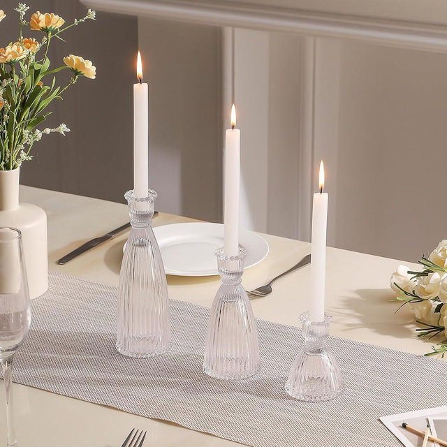 Joyfice Vertical Stripe Candlestick Holders Set of 3, Premium Glass Candle Holders for Candlesticks and Taper Candles, Vintage Candle Holder Decor for Table Centerpiece, Clear
