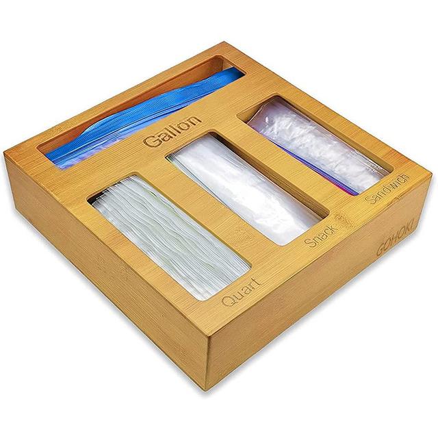 GoHoKi Bamboo Ziplock Bag Storage Organizer for Drawer, Laser Printing Ziploc Food Sandwich Storage Bag Organizer Holder, Plastic Bag Organizer and Dispenser for Sandwich Gallon Snack and Quart Baggie